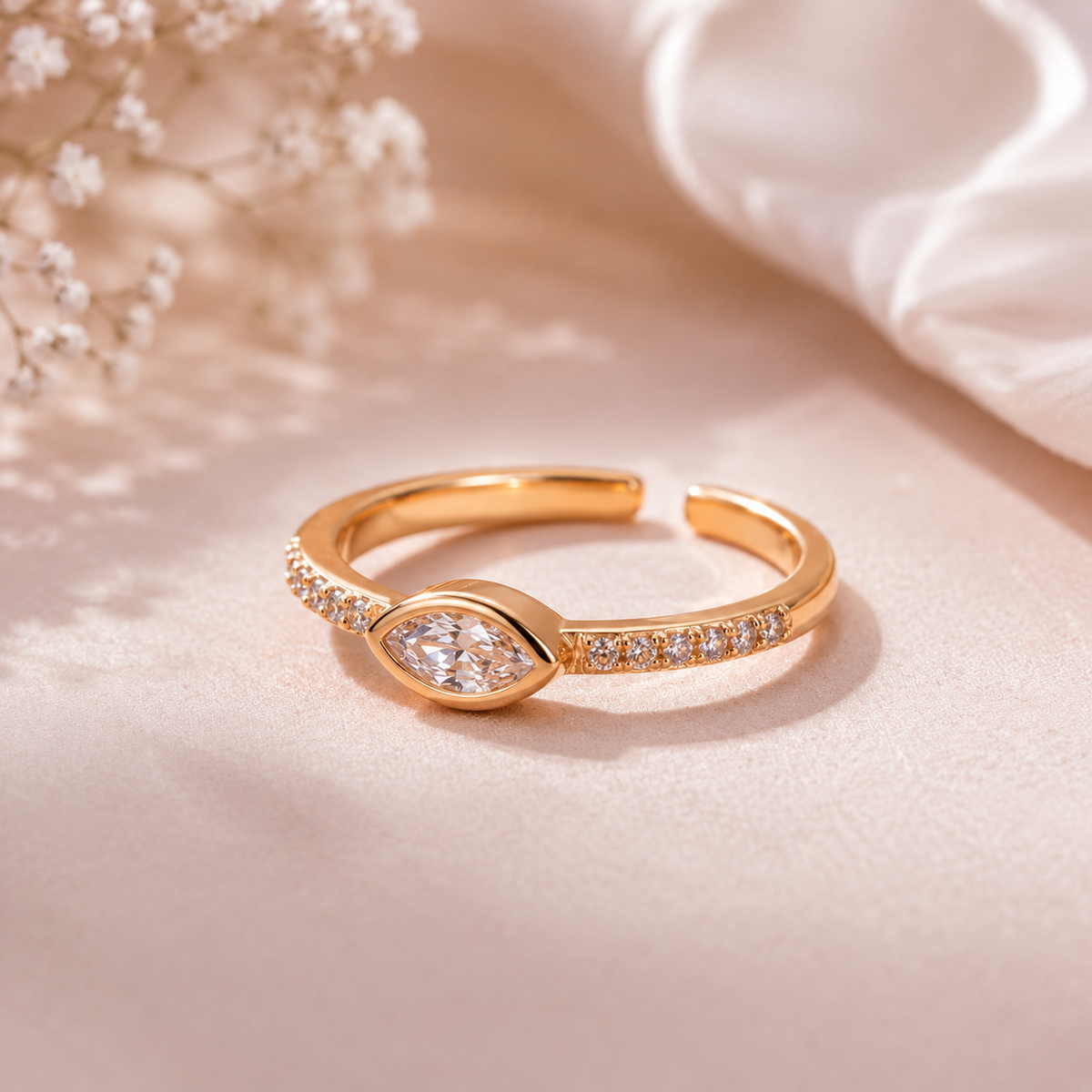 Elegant Oval Stone Rose Gold Finish Open Ring