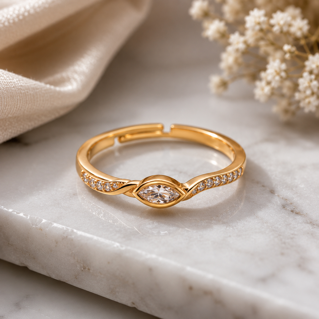 Elegant Oval Stone Rose Gold Finish Open Ring