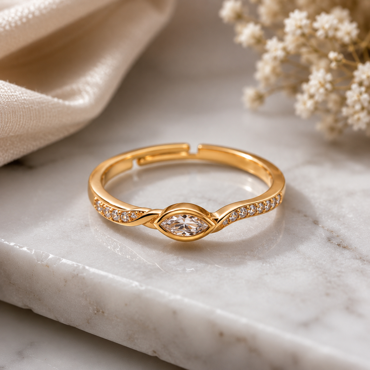Elegant Oval Stone Rose Gold Finish Open Ring
