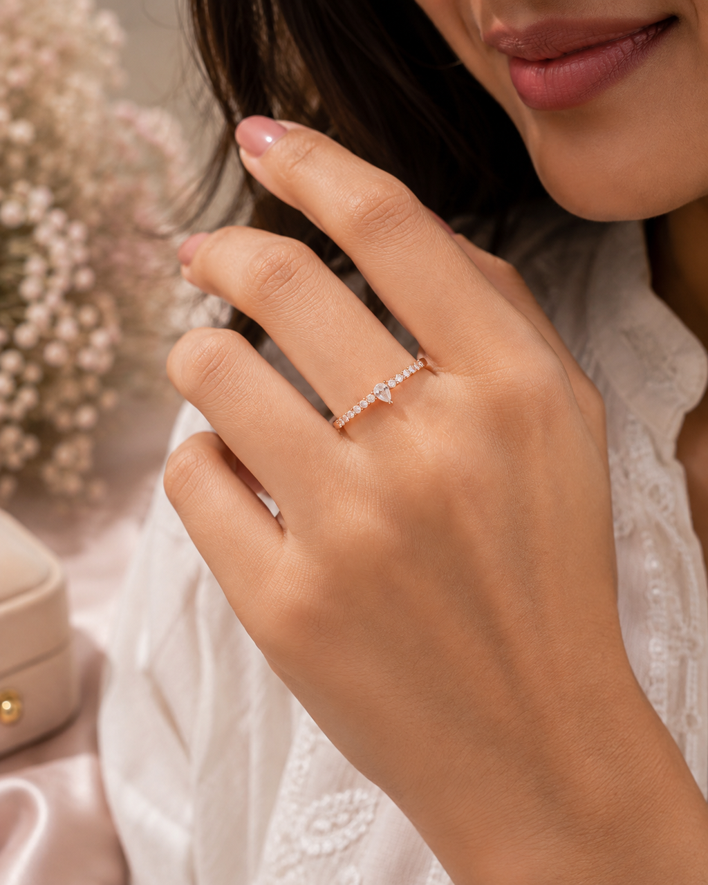 Elegant Pear-Shaped Stone Open Ring – Rose Gold Finish