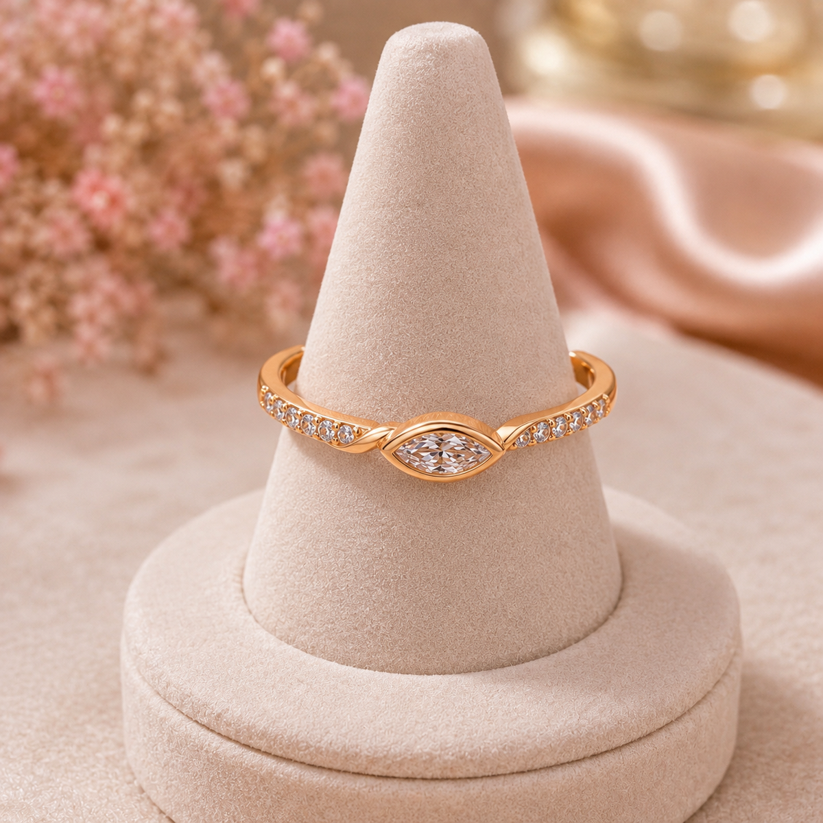 Elegant Oval Stone Rose Gold Finish Open Ring