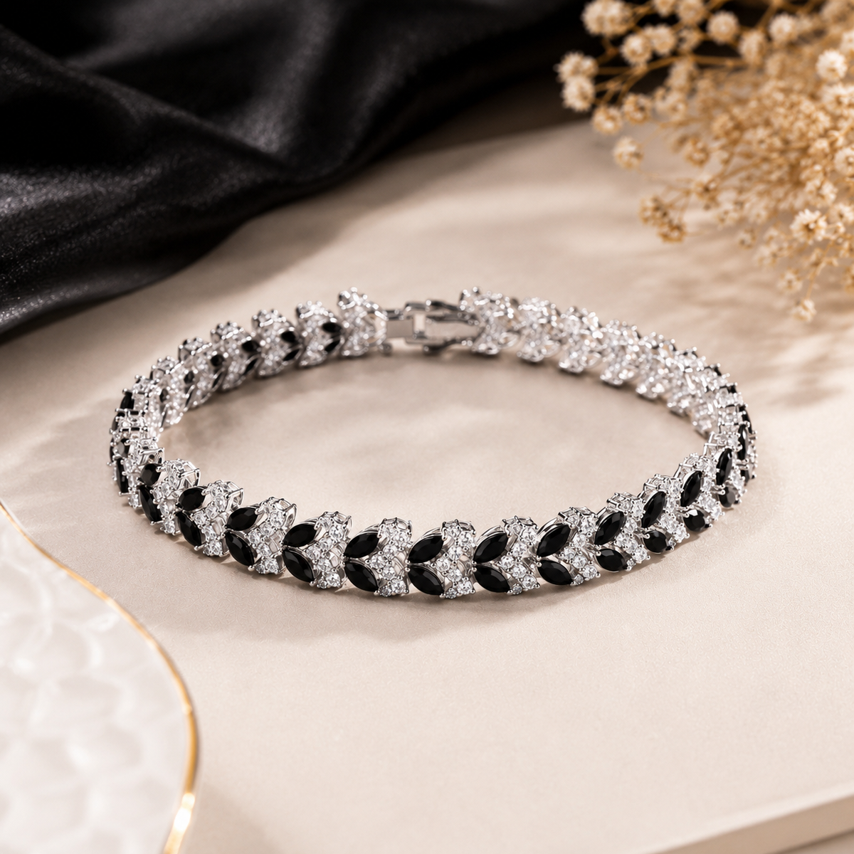 Black Stone Silver Bracelet for Women | Mayra Luxe
