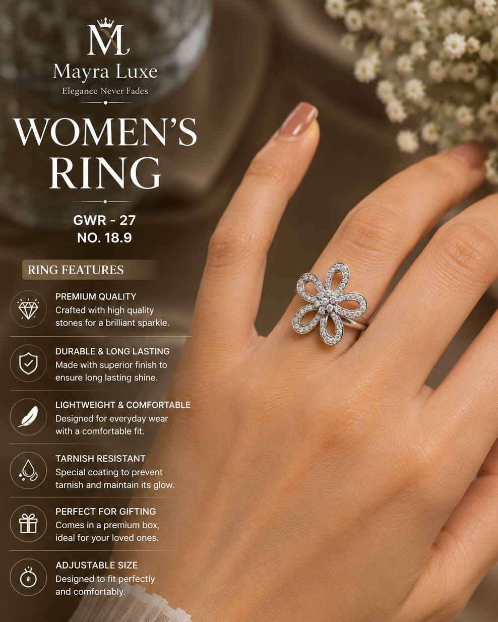 Elegant Flower Stone Ring for Women | Mayra Luxe