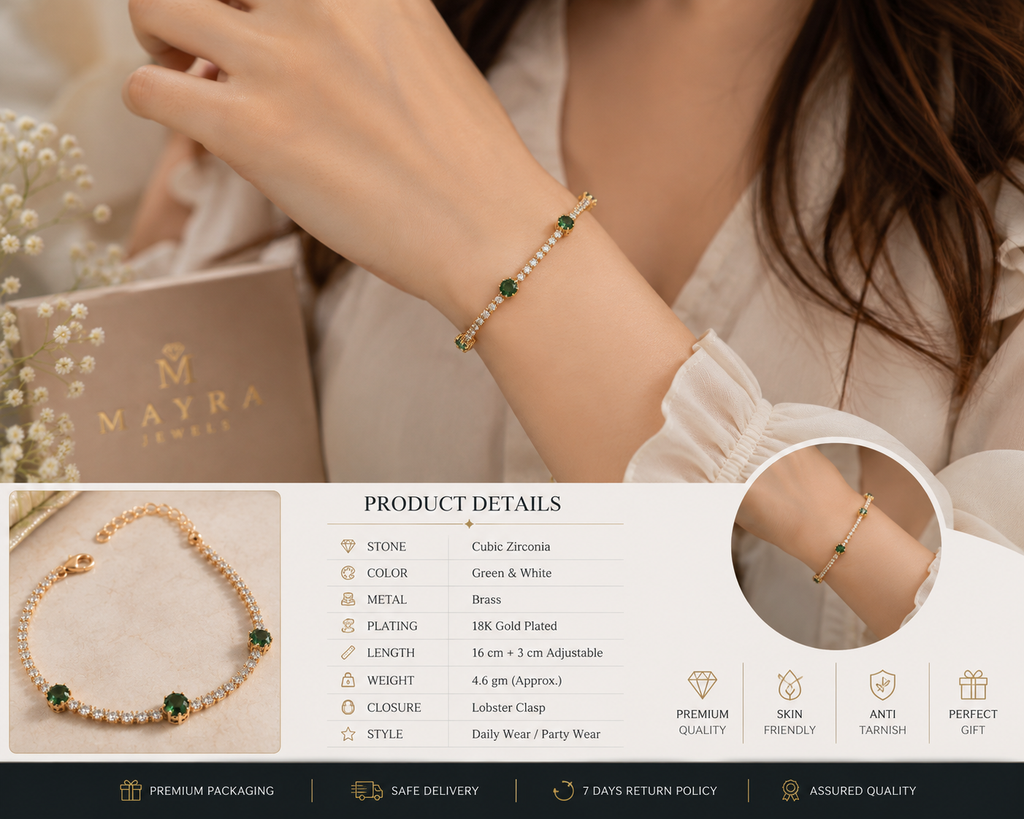 Green Stone Elegant Gold Bracelet | GWB-104