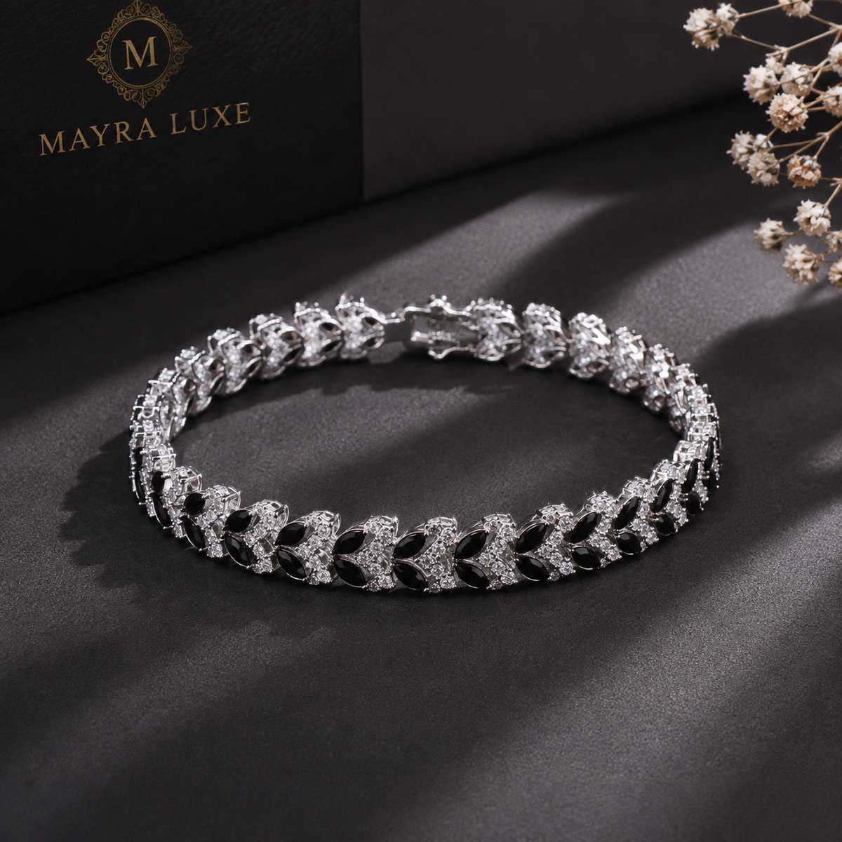 Black Stone Silver Bracelet for Women | Mayra Luxe