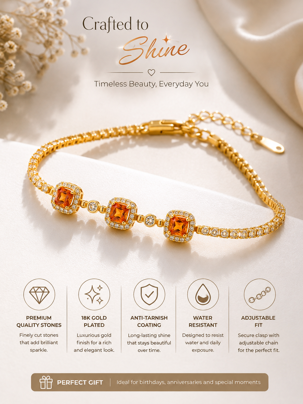 Orange Stone Gold Bracelet for Women | Mayra Luxe