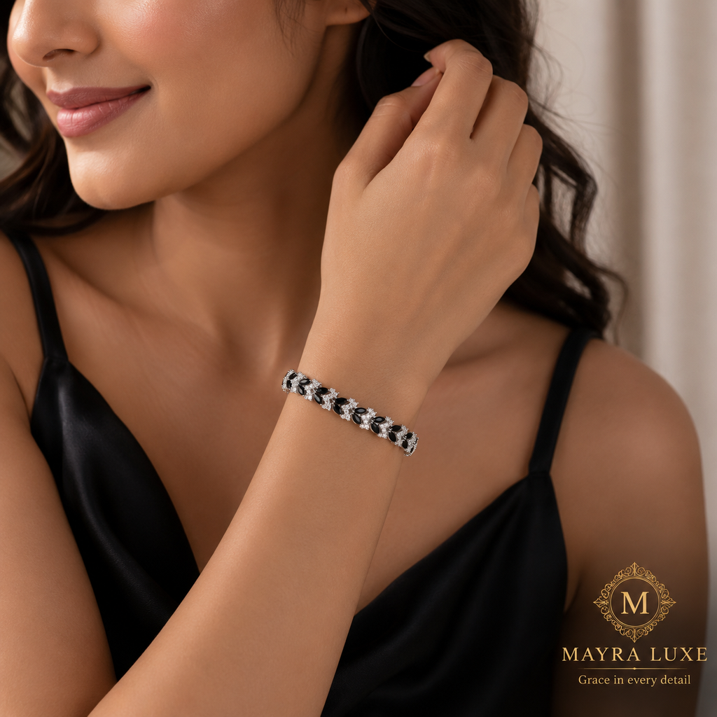 Black Stone Silver Bracelet for Women | Mayra Luxe