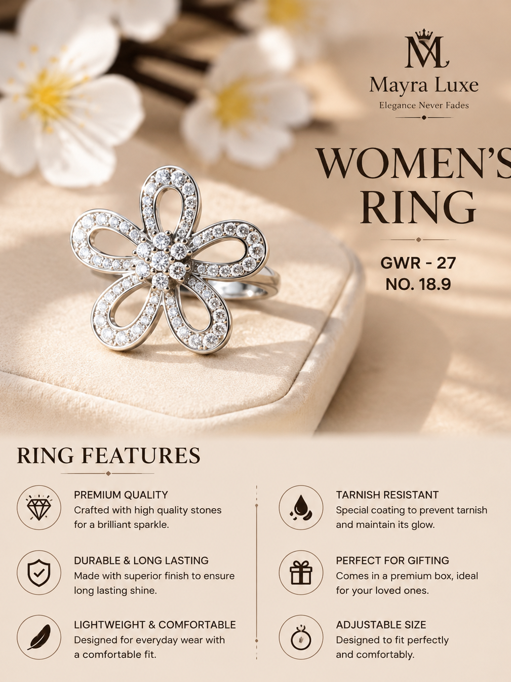 Elegant Flower Stone Ring for Women | Mayra Luxe
