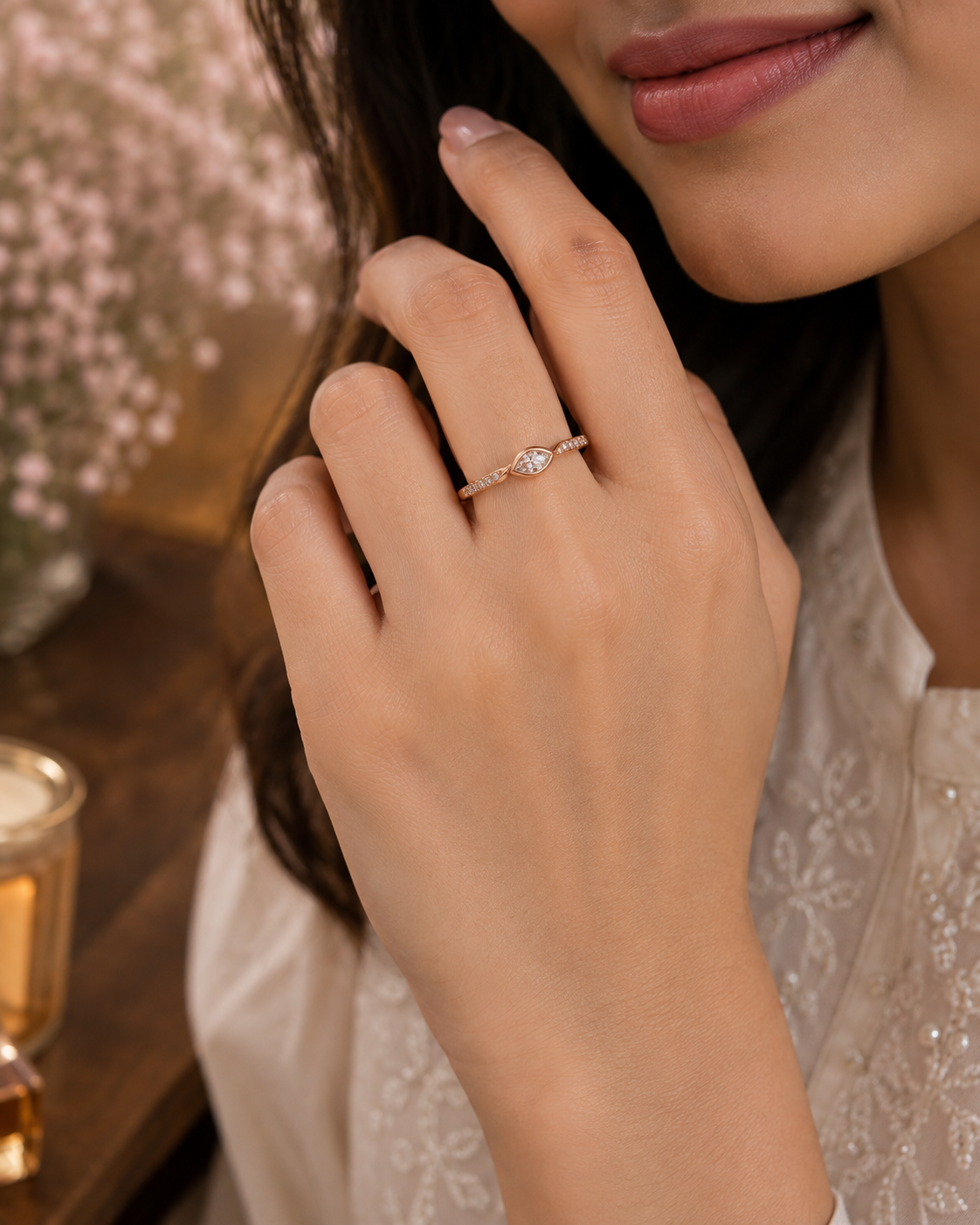 Elegant Oval Stone Rose Gold Finish Open Ring